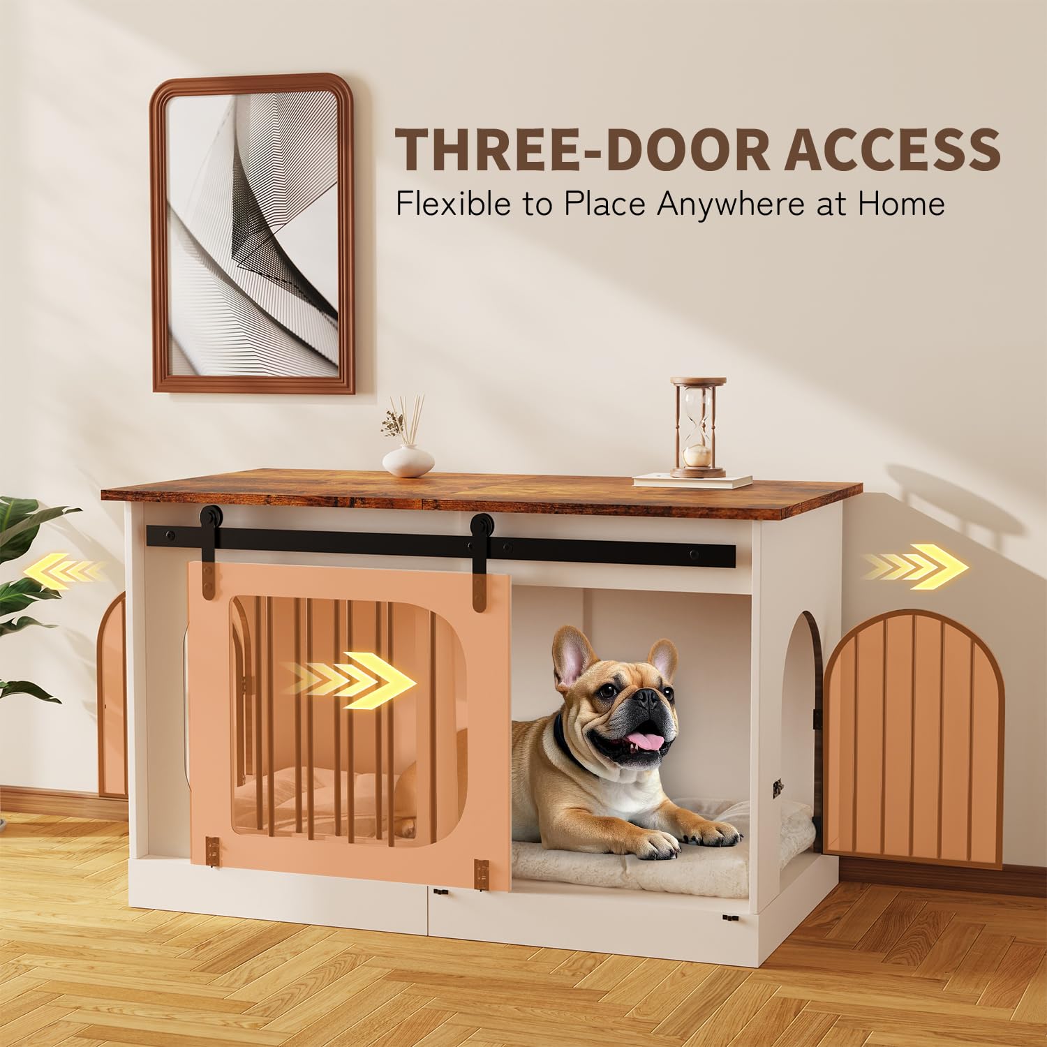 Jaula para Perros Mueble 100 cm, XL Caja para Perros para el Hogar con 3 Puertas Corredizas & Colchón para Perros, 100x60x69cm, Blanco & Marrón