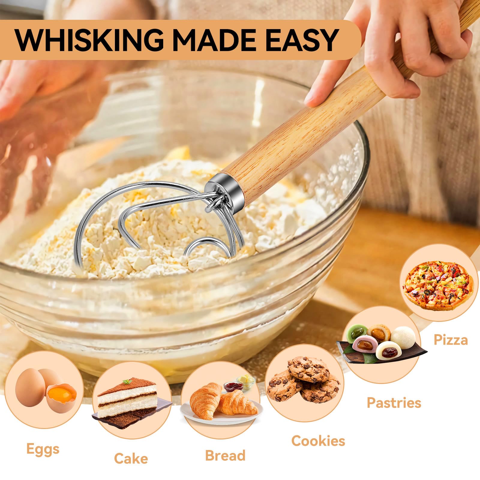 TEEVEA Danish Dough Whisk Stainless Steel Hook Baking Tool for Bread Sourdough Pizza Pastry Blending Dutch Hand Mixer with Wooden Handle Making - Image 4