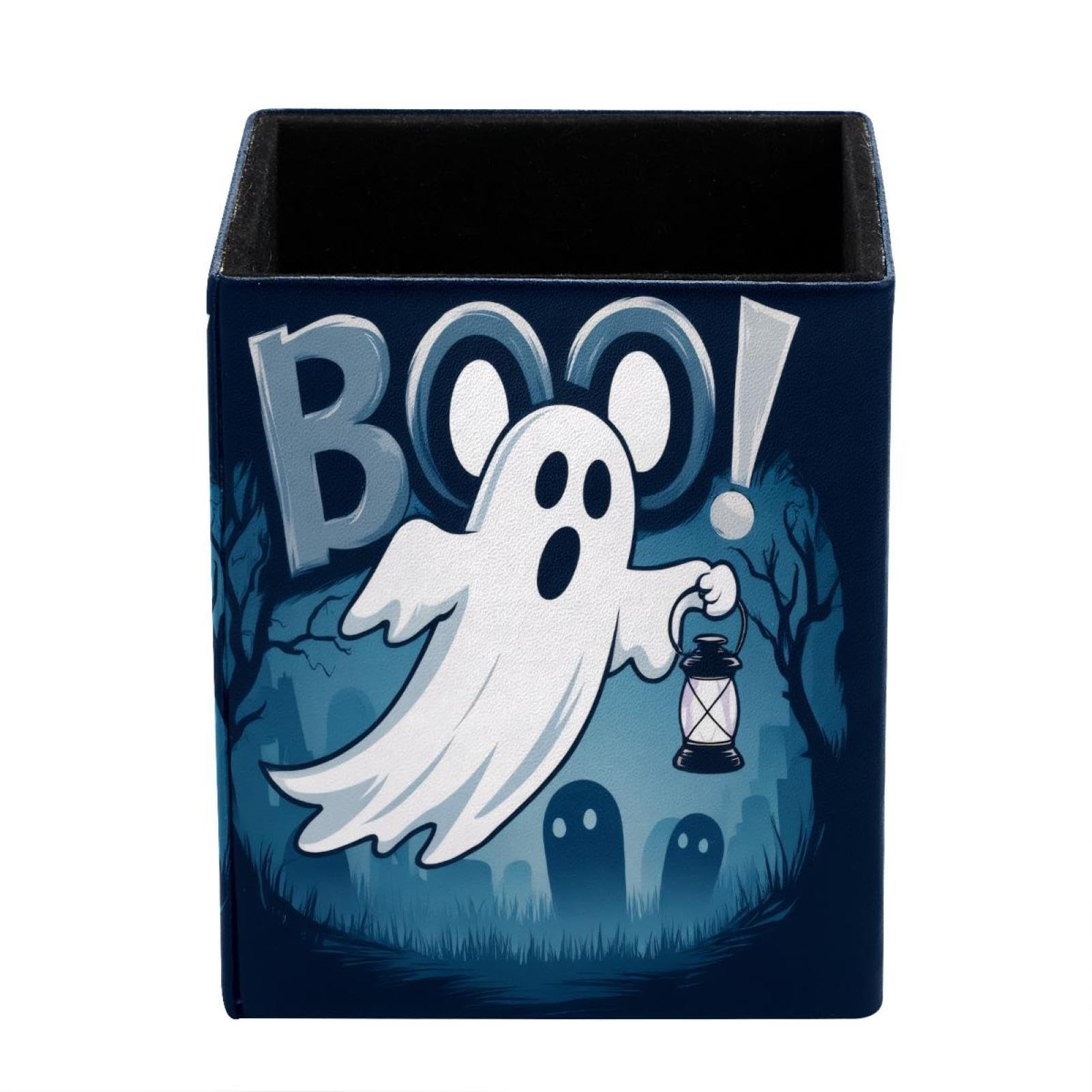 XingFox BOO! Ghost Pen Holder for Desk Deco, Sqaure PVC Leather Pencil Cup for Desk Pen Organizer, Makeup Brush Holder for School, Home, Office