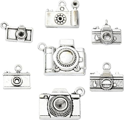 KitBeads 70 piezas de 7 estilos tibetanos para cámara tibetana, dijes de viaje de plata antigua, dijes de fotografía vintage para collares, pulseras