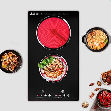 Electric Ceramic Cooktop With Plug, 1500W 110V Portable 2 Burners Built-in Sensor Touch Control Countertop Hot Plate, 9 Heating Levels
