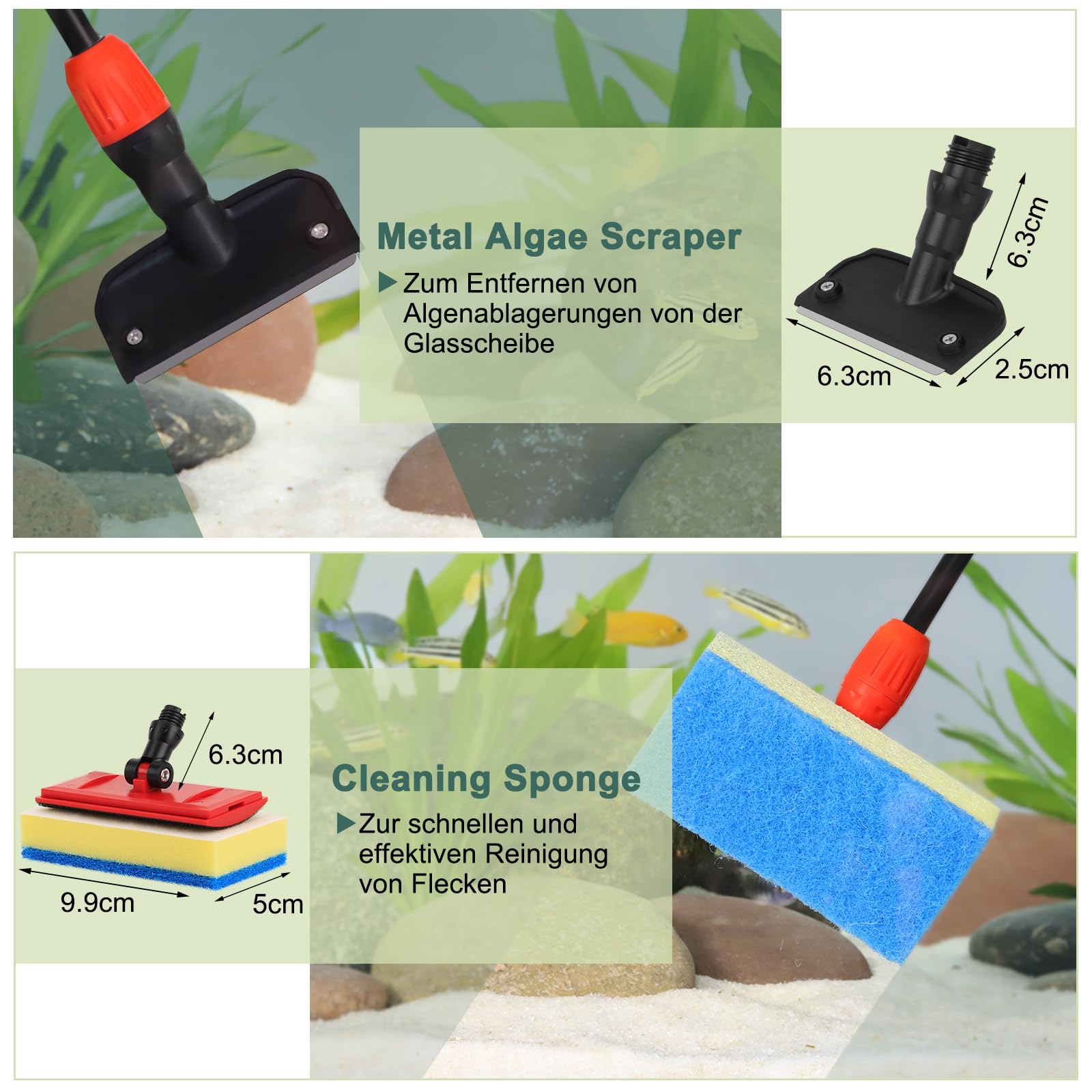 hygger Kit di Pulizia per Acquario 6 in 1, Strumento di Pulizia per Acquario Versatile, Con Manico Estensibile, Spugna Raschi-Alghe, Spazzola per Sciacquare, Retino per Pesci Rastrello per Ghiaia (M)