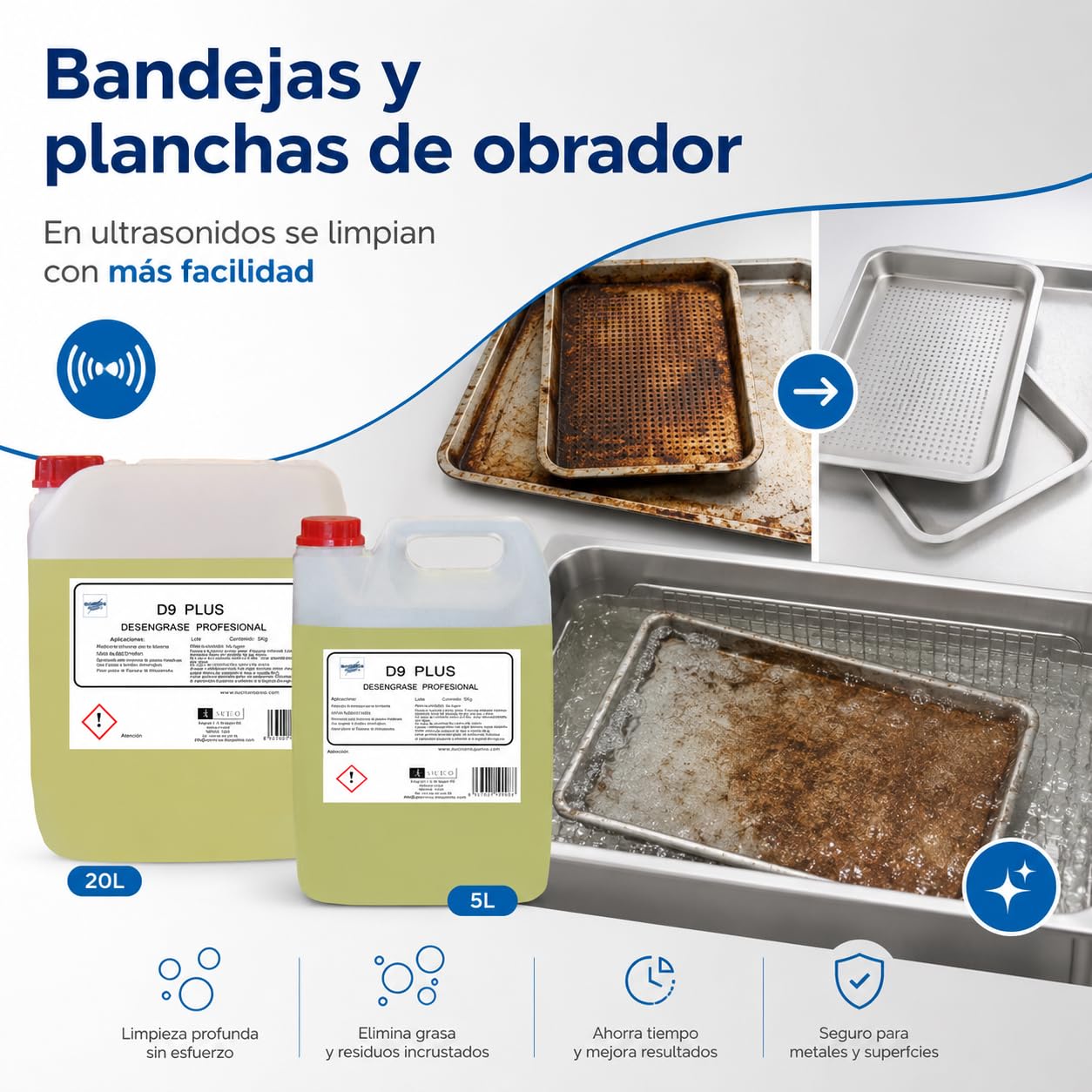 D9-PLUS Quitagrasas Profesional 20 L, Uso Directo, Desengrasante Enérgico para Filtros de Campana, Planchas, Superficies, Suelos y Grasas Alimentarias.