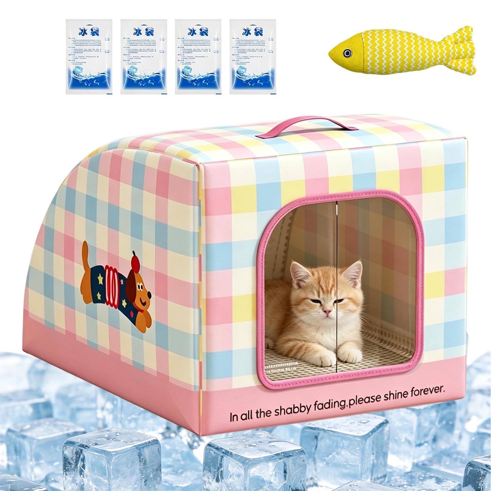 Cooling Cat House with Handle, Insulated Portable Cat Bed, Cooling Effect, Insulated Walls, Indoor/Outdoor Use, Cozy Sleeping Spot, House for Indoor Cats (Rosa,M)