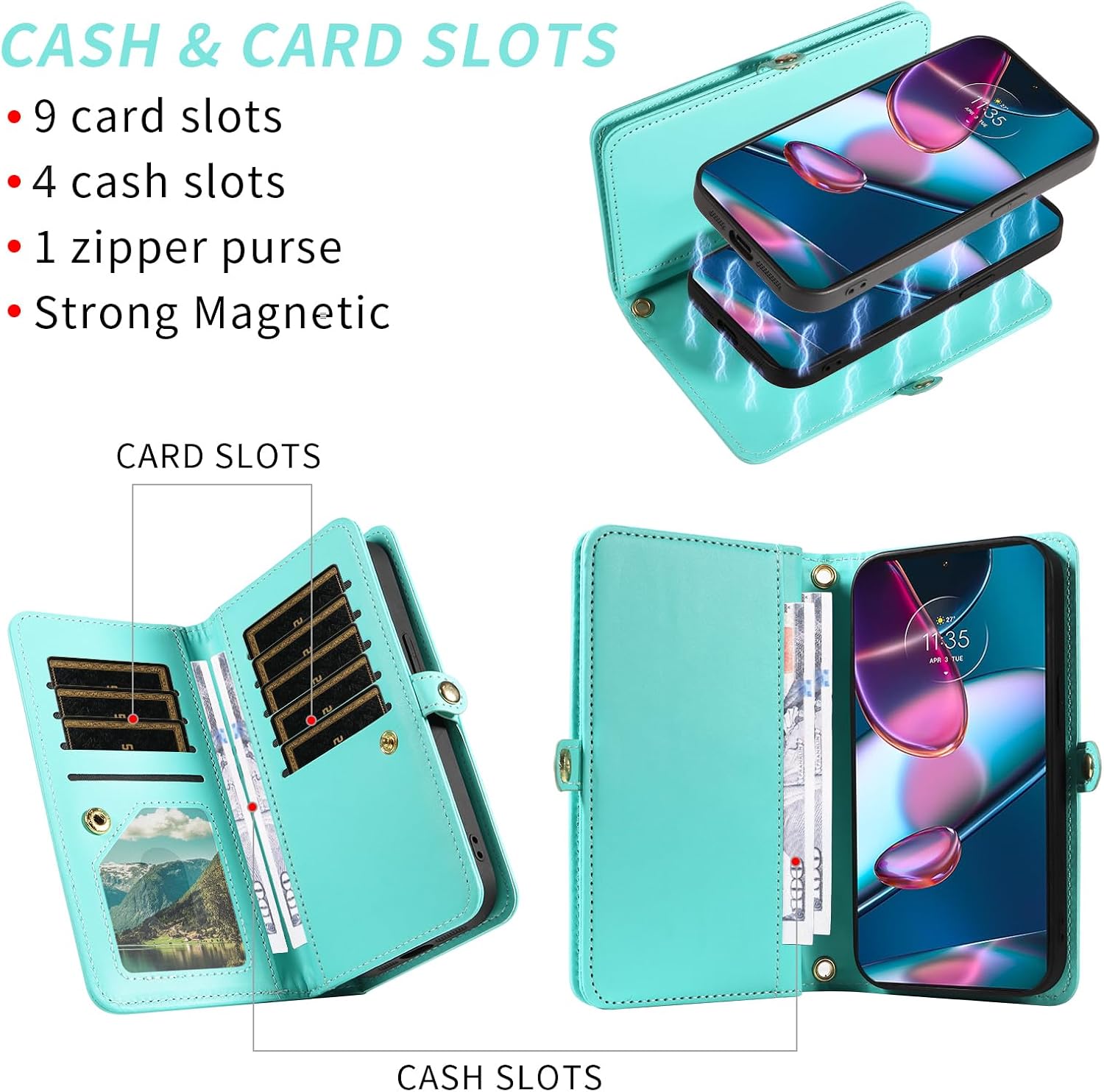 Asuwish Phone Case for Motorola Edge+ Plus 2022/Edge X30/30 Pro Zipper Wallet Detachable Cell Cover with Screen Protector Crossbody Strap Bling Flip Credit Card Holder Moto Edge + 5G UW Women Men Teal