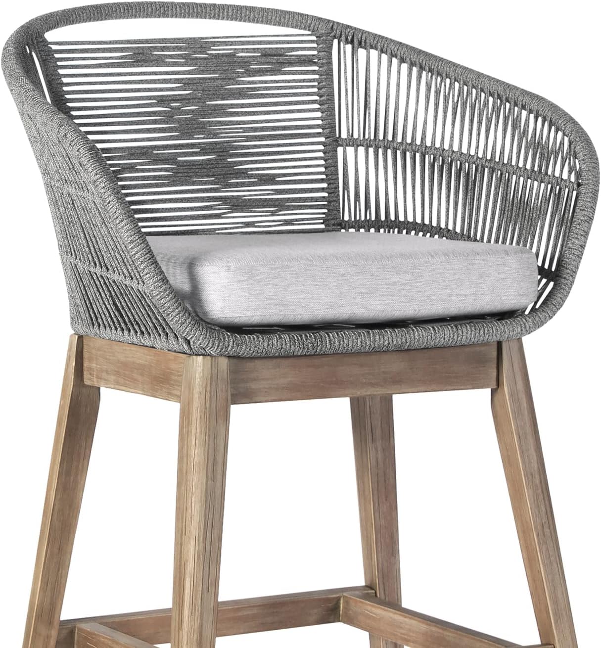 Armen Living Tutti Frutti Modern Indoor Outdoor Counter Chair Bar Stool in Light Eucalyptus Wood with Gray Rope, 30" Seat Height