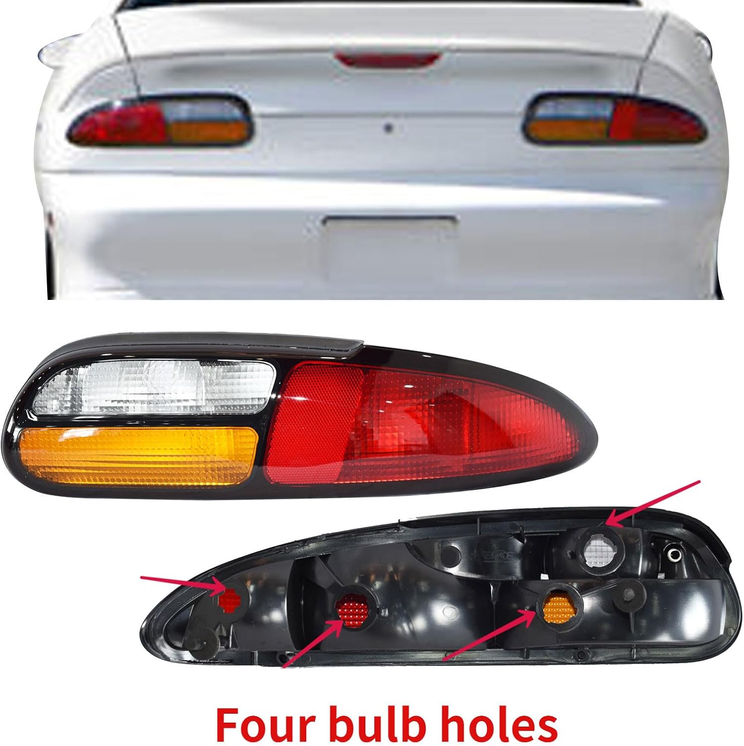 Tail Lights Compatible with 1993-2002 Chevy Camaro Z28 SS Rear Tail Light Assembly Four Bulb Holes Halogen Taillights W/O Bulb Chrome Housing Red+Clear Lens 16523691 16523692 (Right)