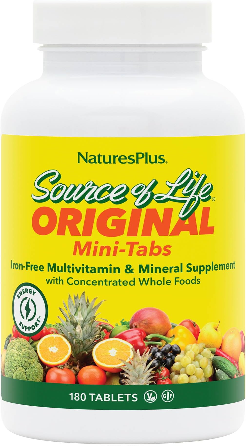NaturesPlus Source of Life No Iron - 180 Mini-Tabs, Pack of 2 - Multivitamin & Mineral Supplement - Supports Natural Energy & Overall Well-Being - Gluten Free, Vegetarian - 60 Total Servings