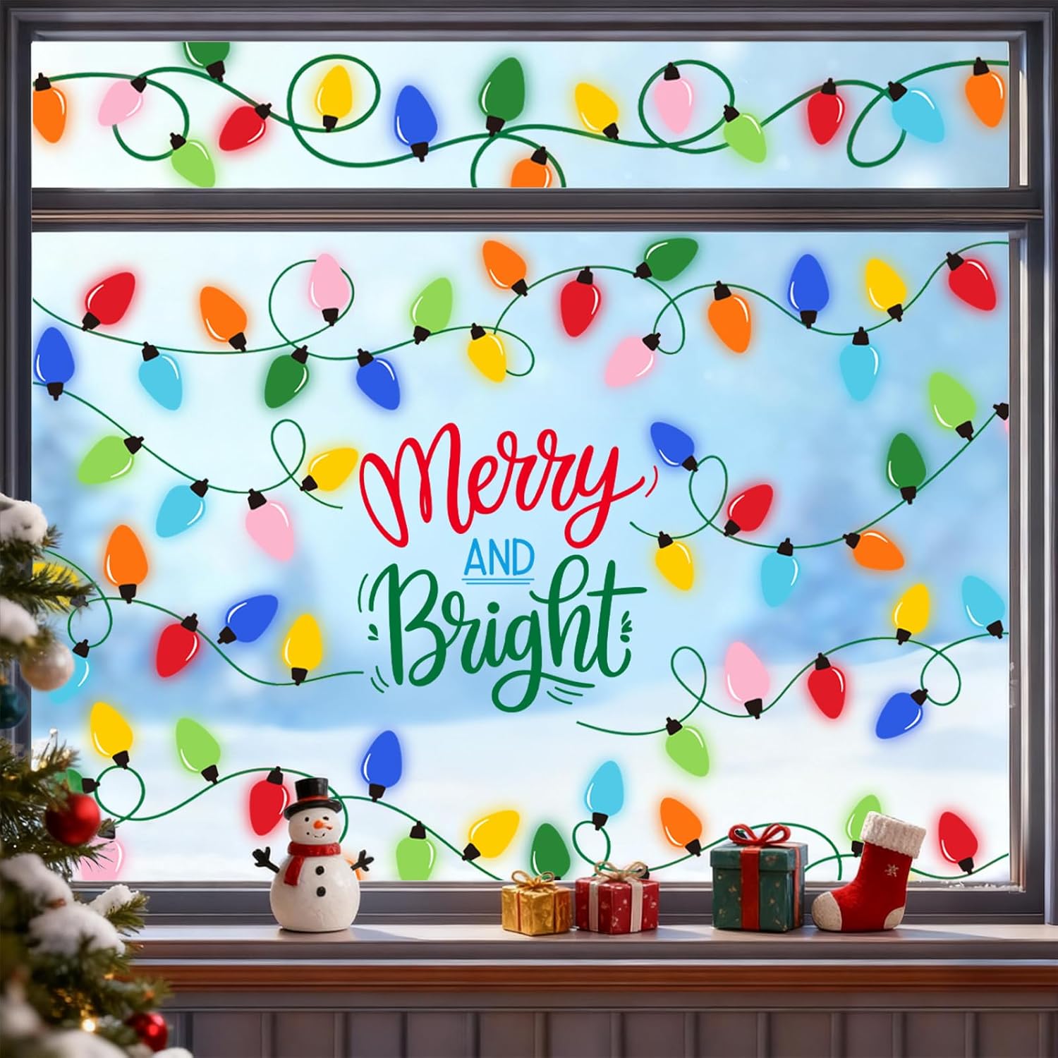 Whaline 3枚 クリスマス ウィンドウ ステッカー 特大 カラフル 電球 ウィンドウ ステッカー 両面 ガラス デカール 冬