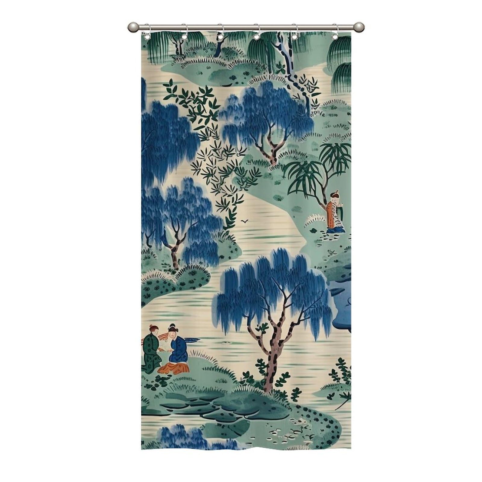 Guangpat Blue And Kelly Green Asian Scenic Dynasty Shower Curtain Set Chinoiserie Style Shower Curtains for Bathroom Asian Inspired Shower Curtains Bathroom Decor Polyester Fabric Shower Curtains