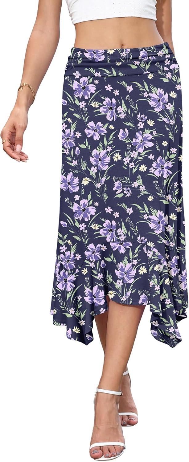 NILOUFO Women's Handkerchief Hemline Midi Skirt Summer Casual Flowy High Waisted Stretchy Skirts (Purple Flo-Blue, Small) - Image 2