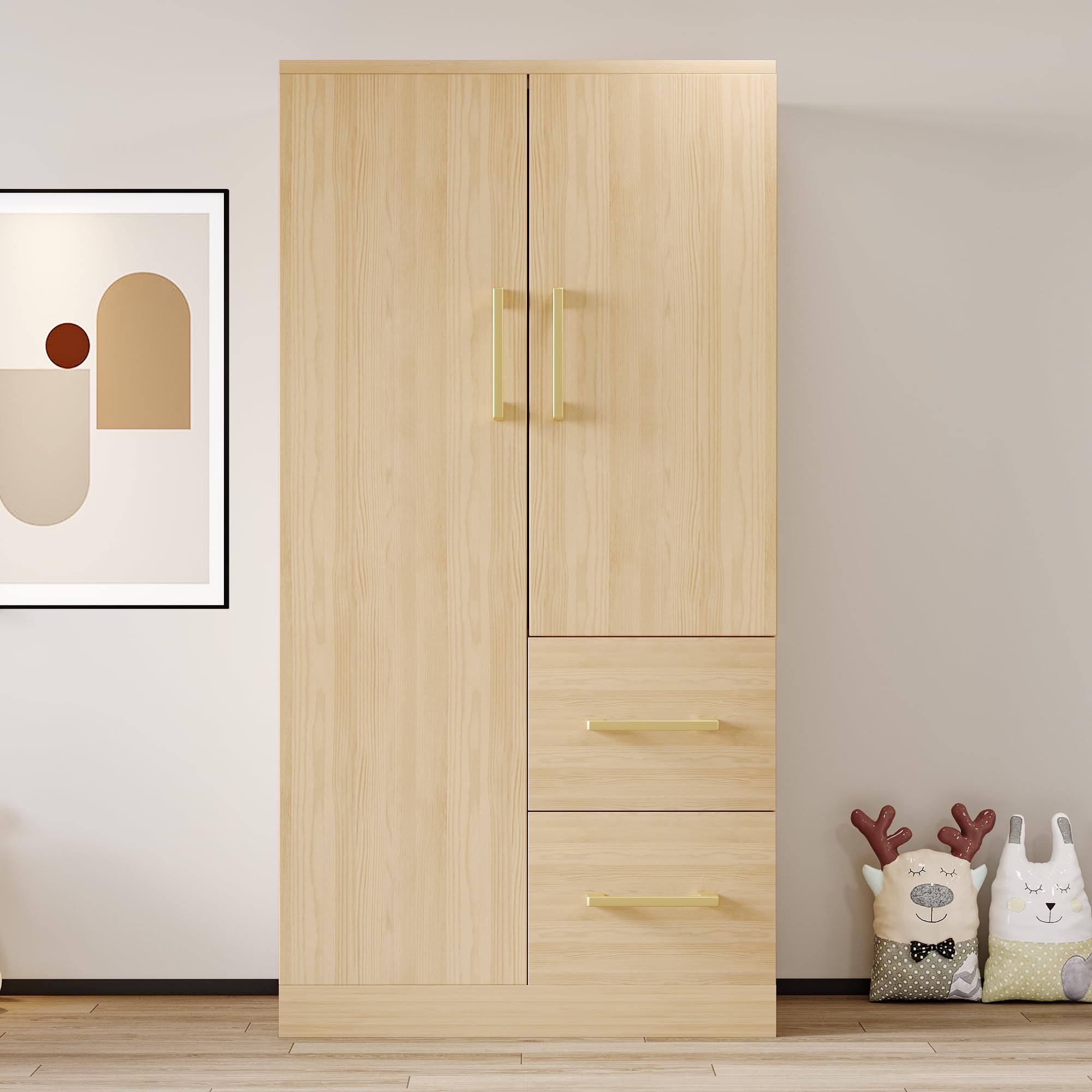 Szafa na ubrania 70 x 40 x 135 cm, podwójne drzwi z szufladami i schowkami, szafa na ubrania dla dzieci, szafa na ubrania, pojedyncza szafa na ubrania, kolor drewna