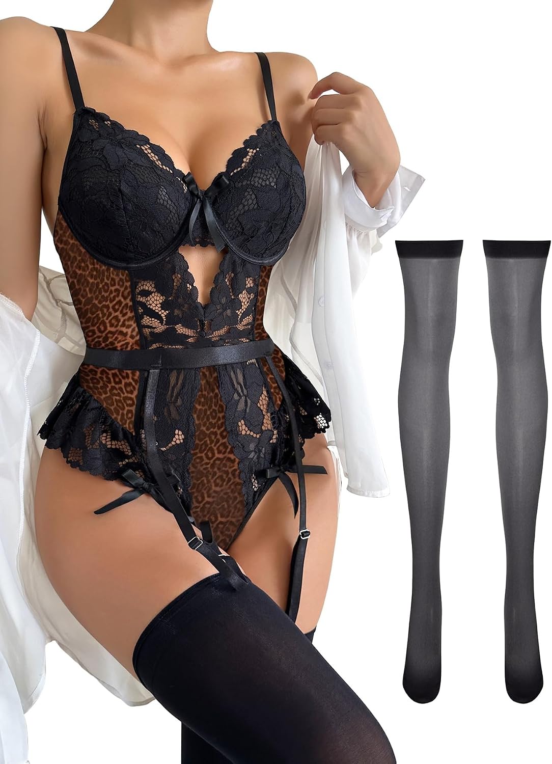 Lilosy Sexy Stocking Lace Mesh Bodysuit Top Underwire Garter Lingerie Set 3 Piece