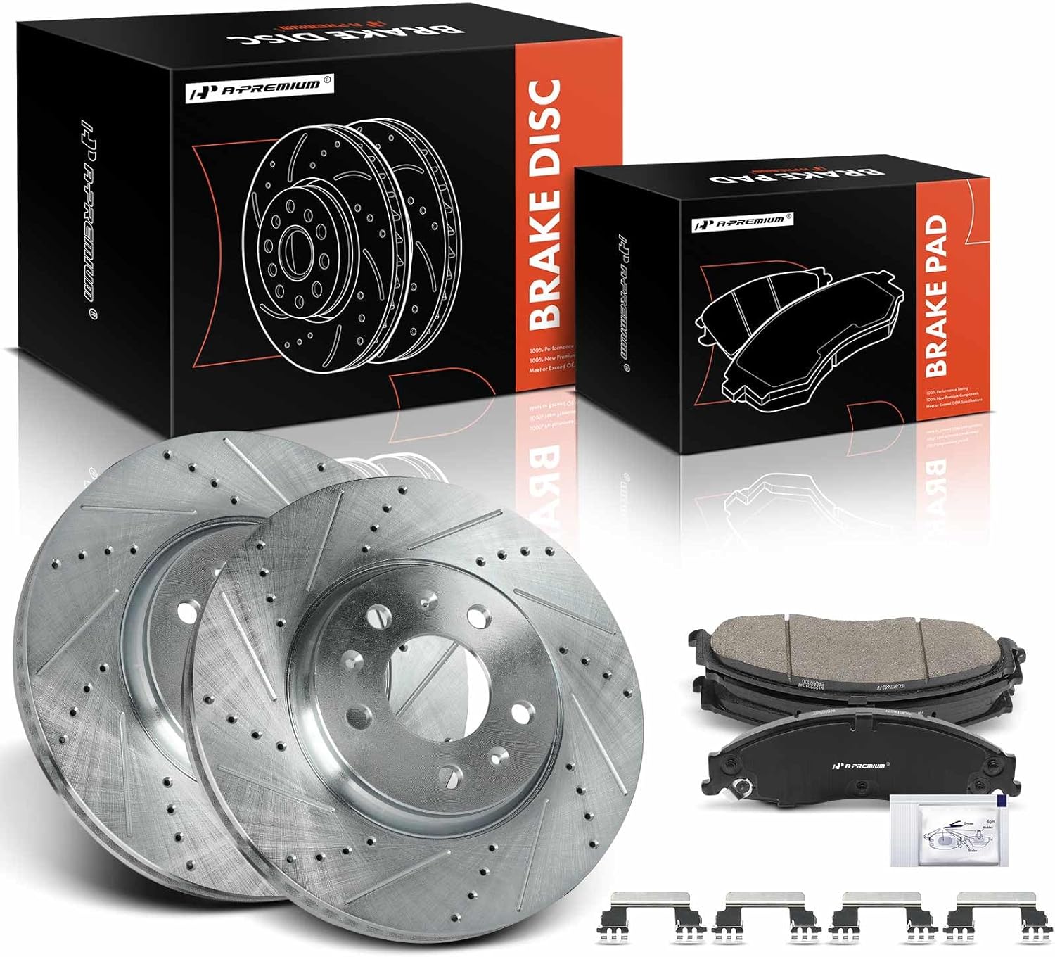 A-Premium 11.93 inch (303mm) Front Drilled and Slotted Disc Brake Rotors + Ceramic Pads Kit Compatible with Select Cadillac Models - CTS 2003-2007, STS 2005-2008, 6-PC Set