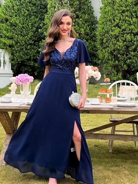 miusol women's v neck elegant lace ruffle bridesmaid maxi dress V-Neck Floral Lace Flare Sleeve Chiffon Ruffle Formal Maxi Dress  Miusol