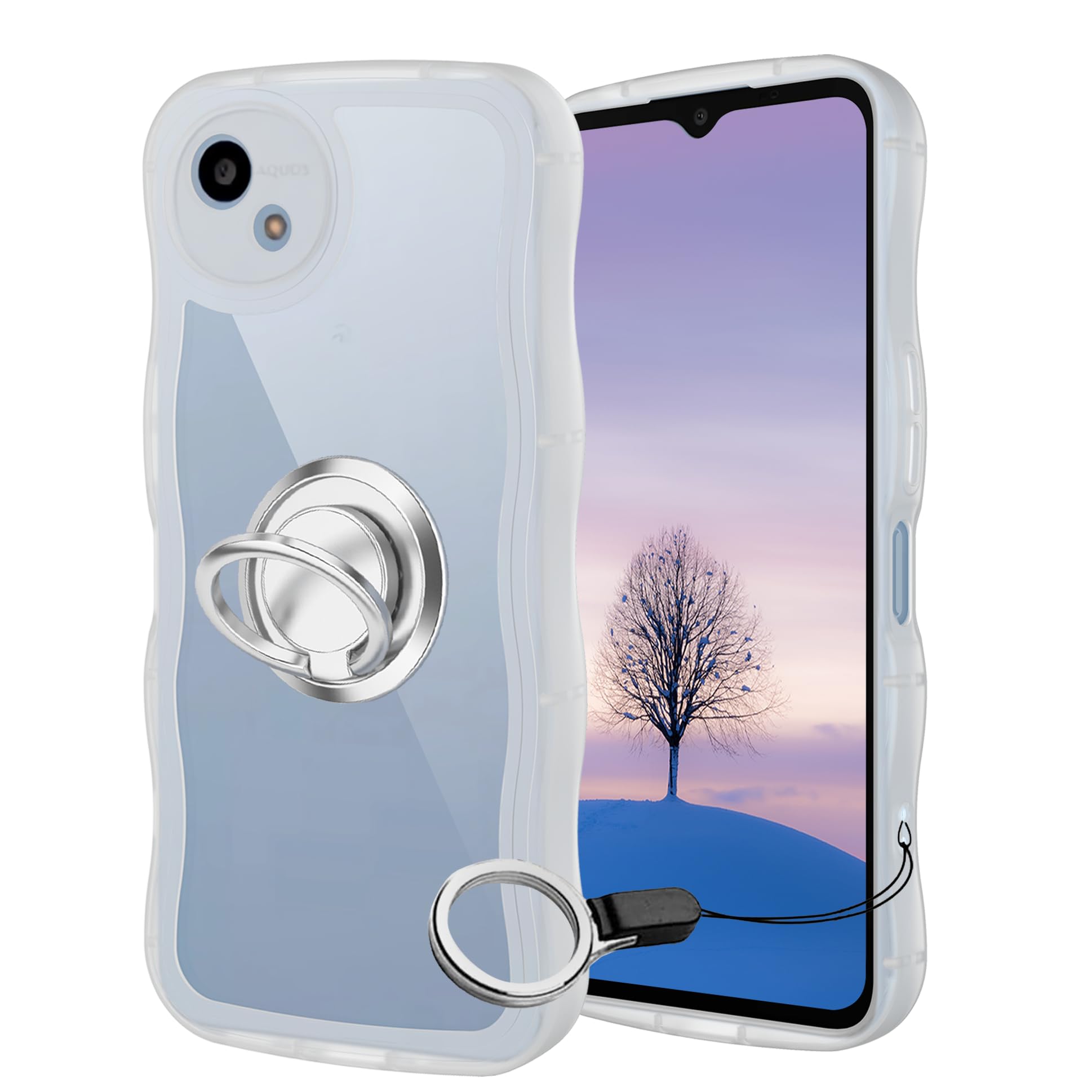 AQUOS wish4 ケース クリア ウェーブ リング付き SH-52E TPU波状のバンパー 透明 スマホケース かわいい うねうね アクオス ウィッシュ4 SH-52E ウェーブ デザイン 可愛い 韓国 女性用 薄型 人気 おしゃれ 耐衝撃 ストラップホール付き(クリア)