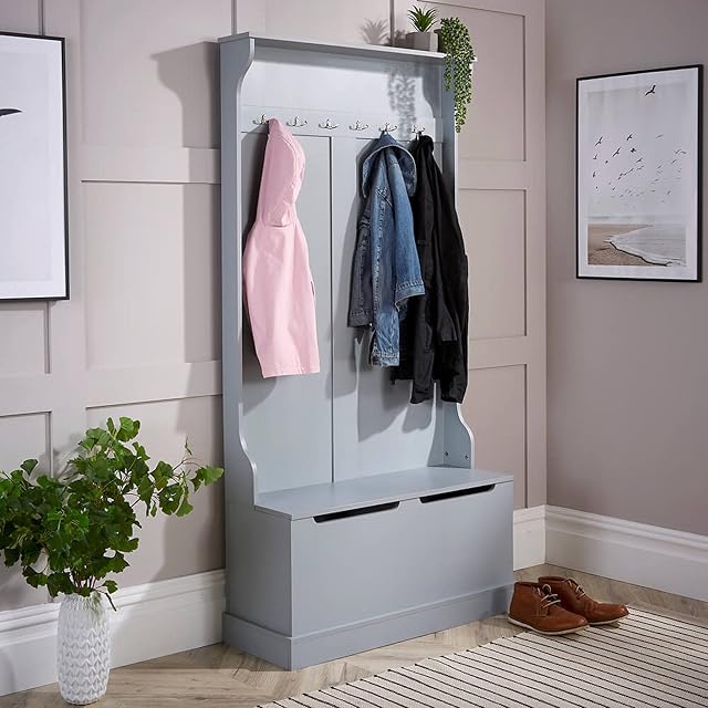 Home Source Wooden Hallway Storage Bench Unit with 6 Coat Hooks, Grey, Wide