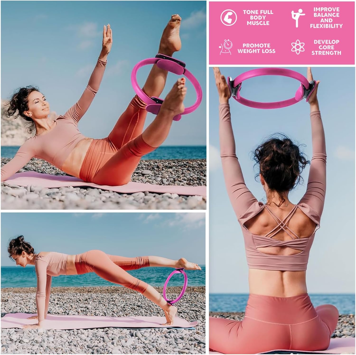 Pilates Circle Essentials, kit da yoga da donna, set da 5 pezzi, pilates a casa, include palla pilates, anello da yoga Magic Circle e fasce di resistenza per donne, set da pilates e palla.