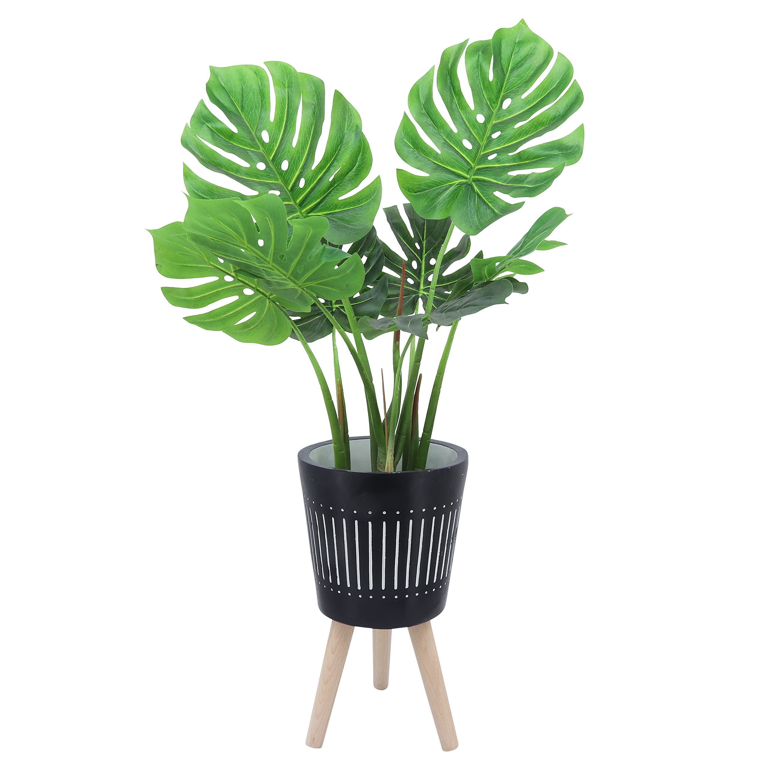 Maceta De Concreto Con Soporte De Madera Blanco Marmolado | Cuotas Sin