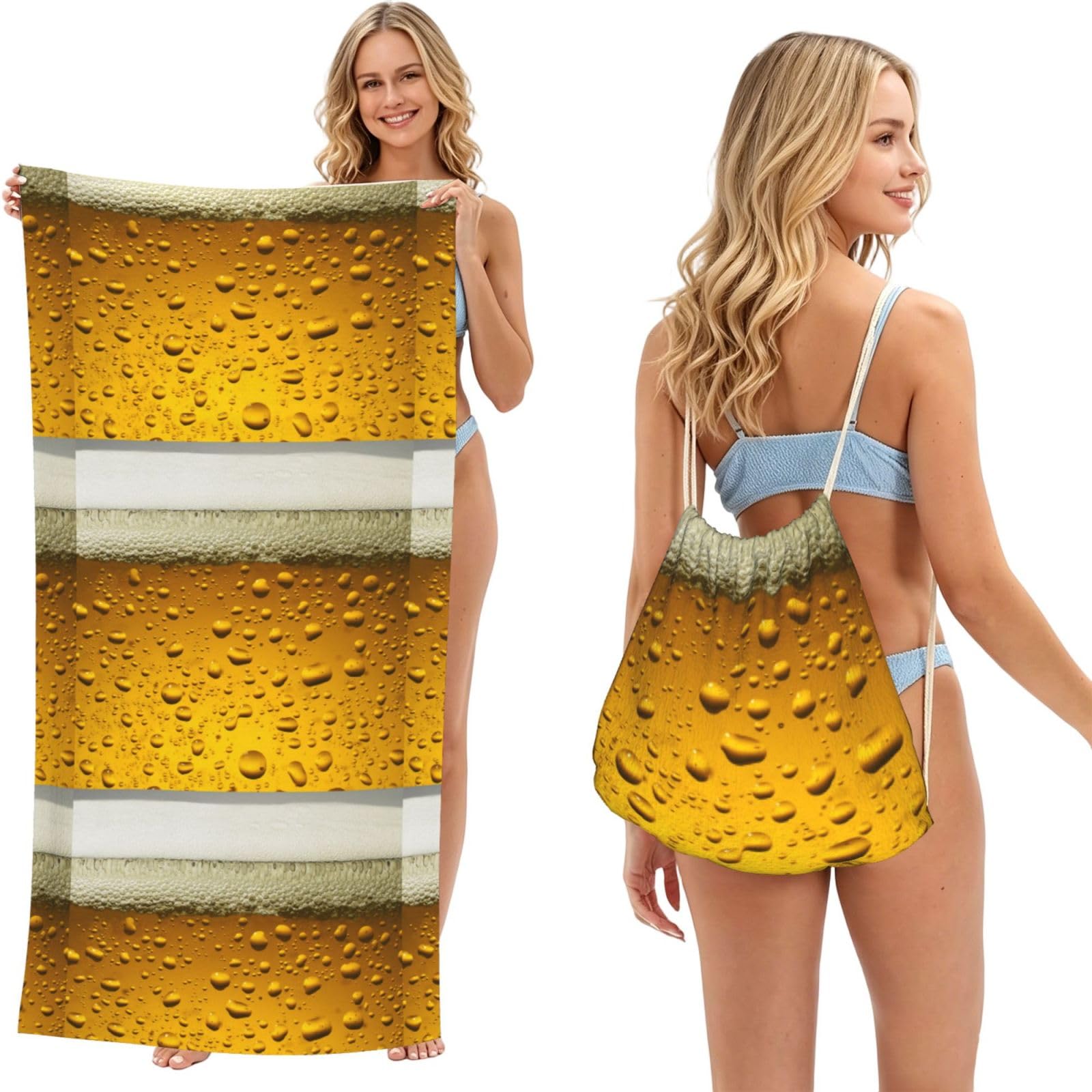 Poadnly As Picture Yellow Beer Bubbles, 2 In 1 Packable Towel Bag, Beach Towels With Drawstring Backpack For Travel Holiday Camping