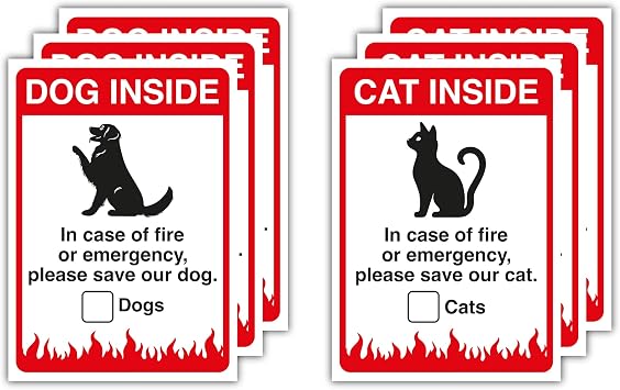 6-Pack Pet Safety Window Stickers Polypropylene Glossy-Laminated Alert Labels and Decals 3 Dog + 3 Cat Pet Inside Signs for Home and Firefighters