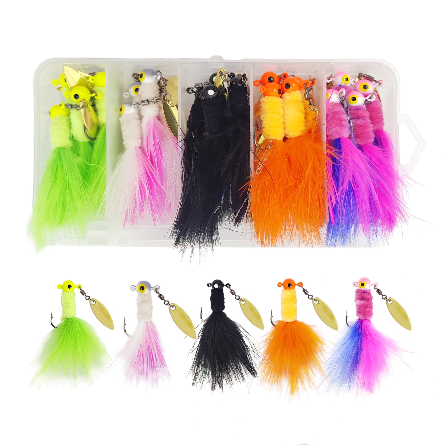 Eupheng 20 PCS Marabou Feather Jigs, 1/32oz 1/16oz 1/8oz Crappie Jig Heads Fishing Lures Kits with Spinner Blade Also for Walleye Perch Sunfish Panfish Bluegill