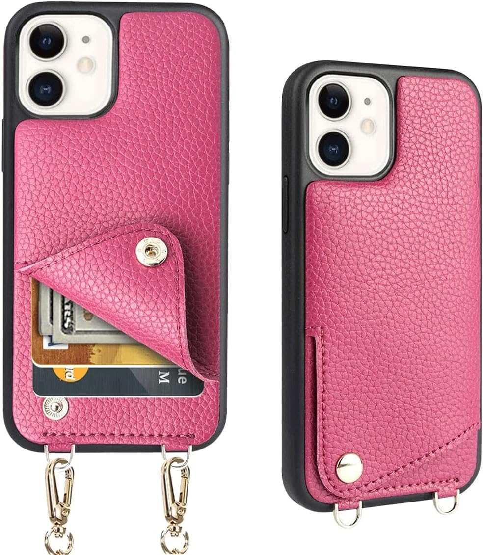 iPhone 12 Pro Wallet Case, 6.1 inch, JLFCH iPhone 12 Crossbody Case with Credit Card Holder Adjustable Crossbody Strap Shoulder Chain Lanyard Purse for Apple iPhone 12/12 Pro (2020) - Rose Red
