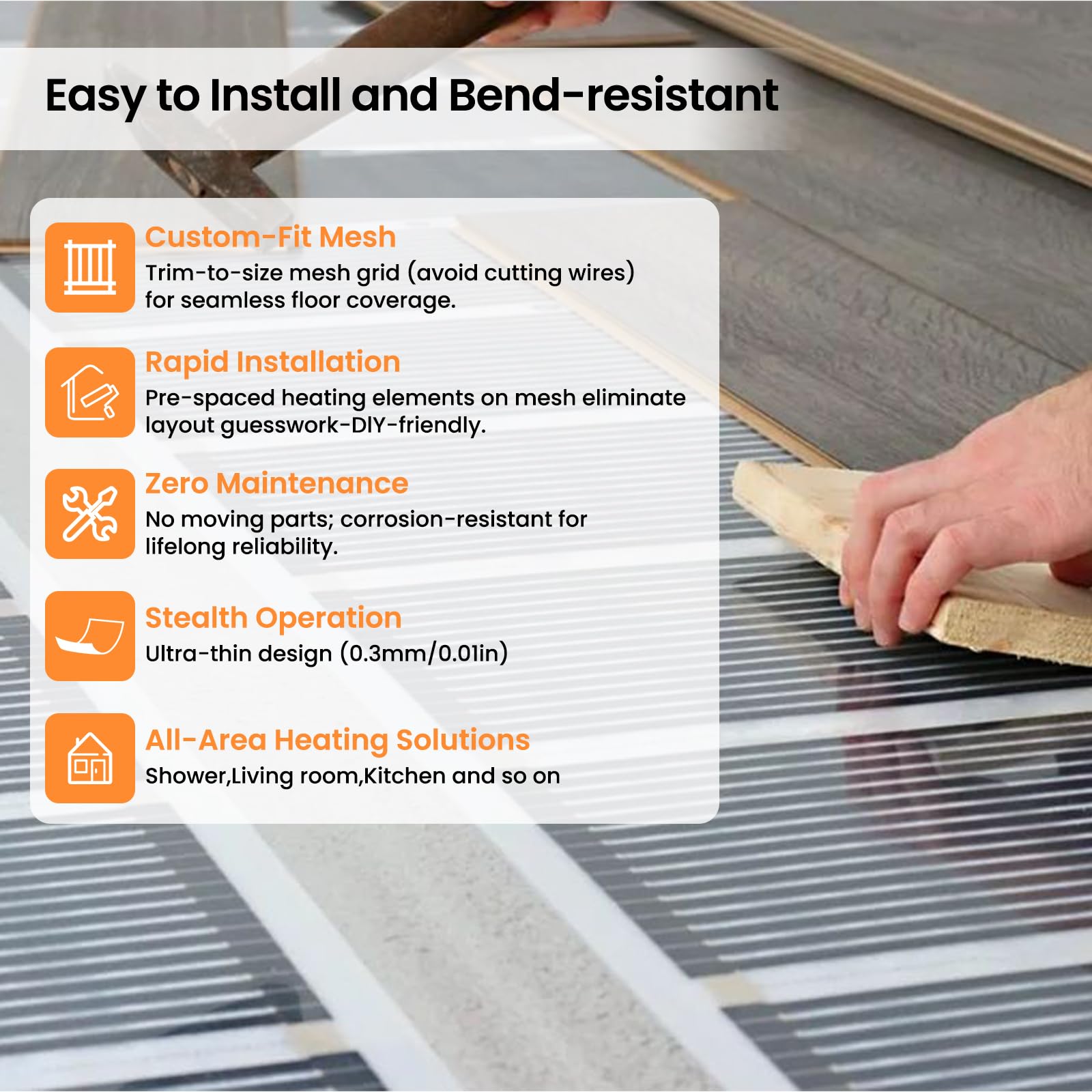 Lámina eléctrica de calefacción por suelo radiante de 220 W/m² de grafeno para suelos laminados, vinilo y madera, se puede cortar cada 25 cm, longitud de 3 m, superficie de calentamiento de 3 m²