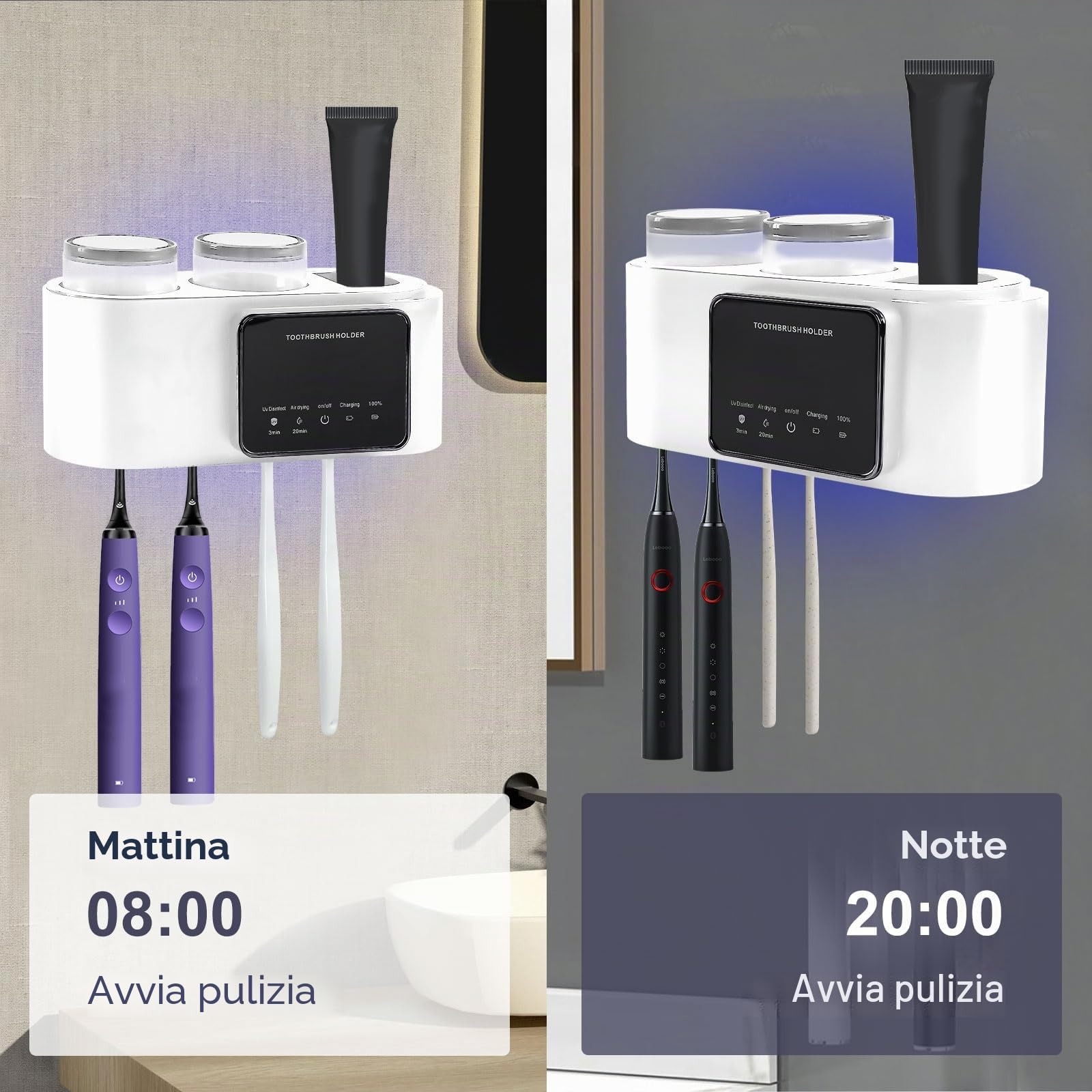 Porta Spazzolino UV, Porta Spazzolino Igienizzante Da Muro con 4 Slot, Porta Spazzolini Disinfettante Ricaricabile USB Portaspazzolino da Parete con Sterilizzatore Disinfettante UV Spazzolini (Bianco)