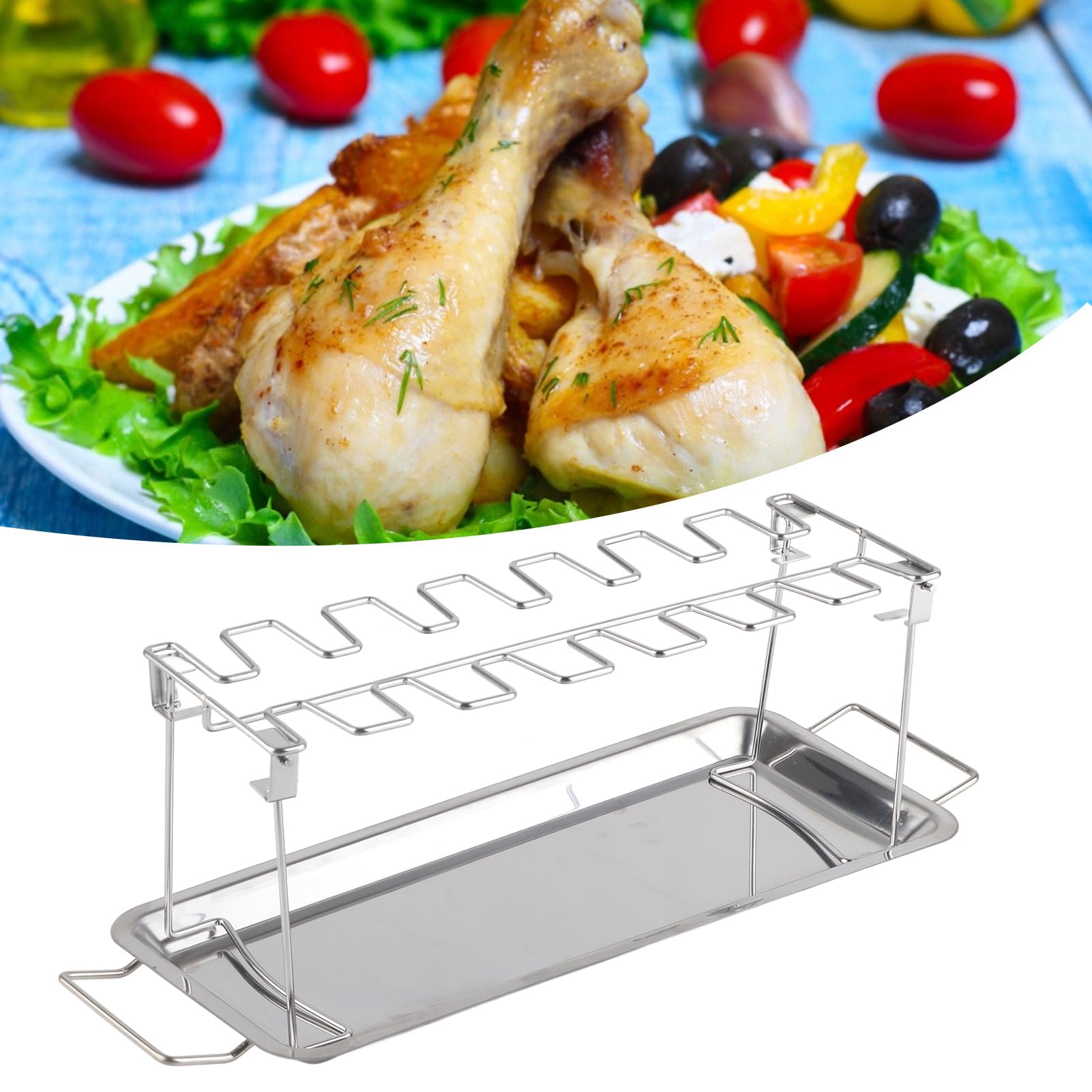 Stojak do grillowania na udka z kurczaka z patelnią ociekową, stojak do pieczenia ze stali nierdzewnej i grilla, pomieści 12 nóg, skrzydeł, uda, składane akcesorium do grillowania dla łatwego