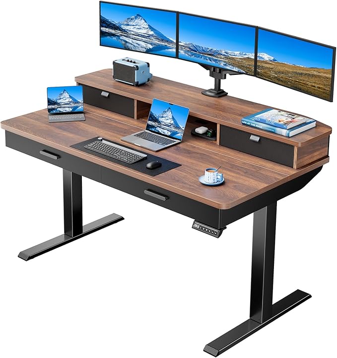 HUANUO 55 x 30 inch Electric Standing Desk with Wood Drawers, Adjustable Height Sit Stand Home Office Desk with Two Tiers, Ergonomic Adjustable Stand up Desk C-Clamp Monitor Mount Compatible, Walnut
