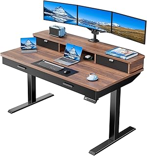 HUANUO 55 x 30 inch Electric Standing Desk with 4 Drawers, Walnut | Deeper 30 Inch Desktop, Cable Tray, Monitor Mount Support, Grommet Routing, 27.9–46.8 Inch Height Range, Home Office Use