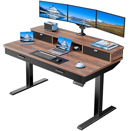HUANUO 55 x 30 inch Electric Standing Desk with 4 Drawers, Walnut | Deeper 30 Inch Desktop, Cable Tray, Monitor Mount Support, Grommet Routing, 27.9–46.8 Inch Height Range, Home Office Use