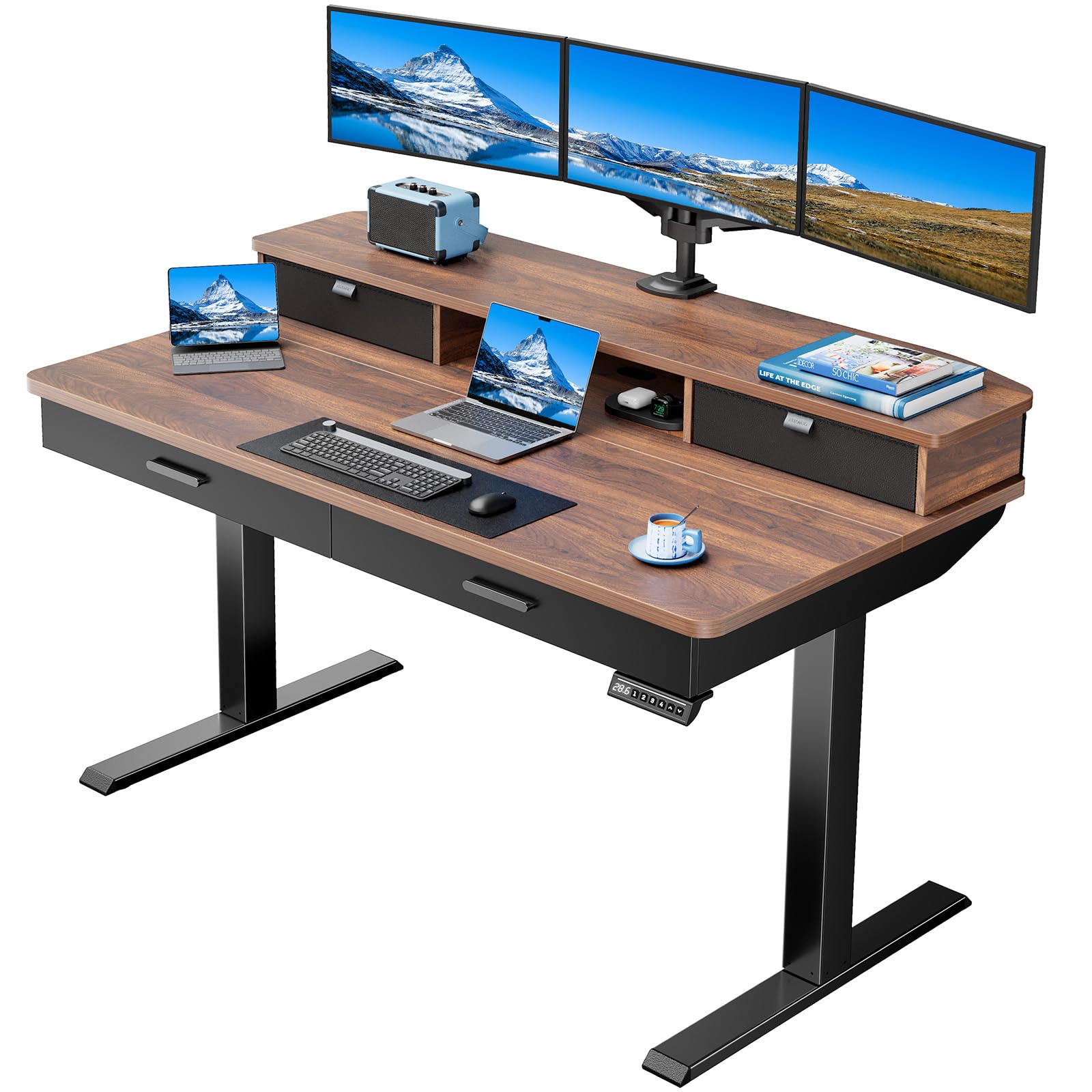 HUANUO 55 x 30 inch Electric Standing Desk with Wood Drawers, Adjustable Height Sit Stand Home Office Desk with Two Tiers, Ergonomic Adjustable Stand