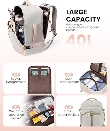Miniatura 2 de LOVEVOOK Mochila de transporte, mochila de viaje de 40L para mujer con 3 cubos de embalaje, rosa gris, Mochila de viaje