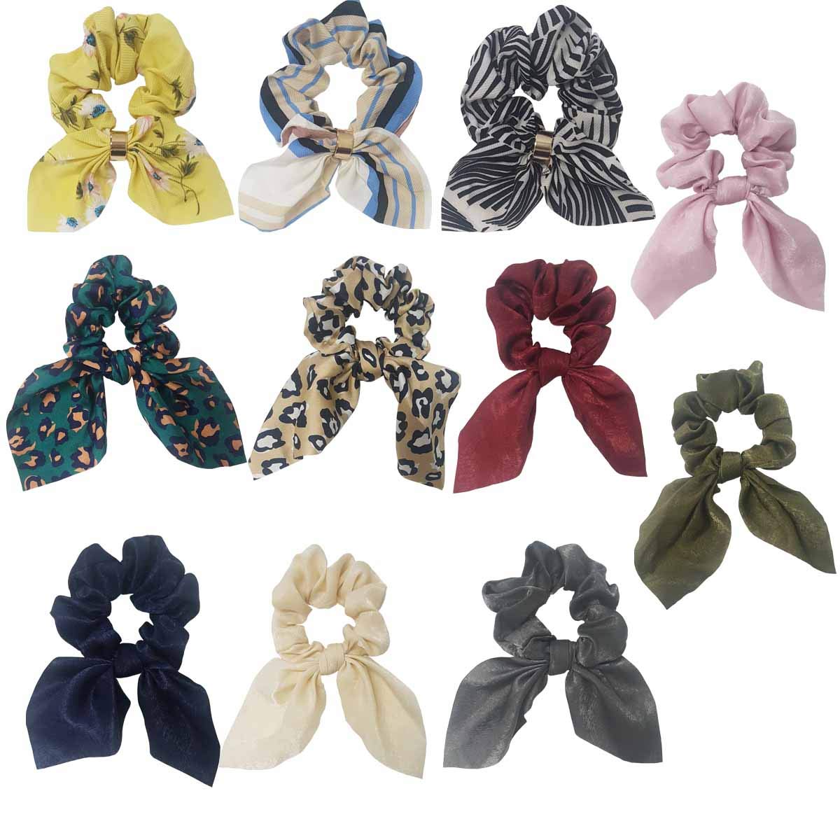 QiKoKo 11Pcs Hair Scrunchies Bowknot Satin Chiffon Elastics Ribbon Ear Bow Solid and Flower Colors Scrunchy Scarf Scrunchie Vintage Ponytail Holder
