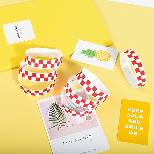 Miniatura 7 de 600 pulseras de papel a cuadros rojos para eventos, pulseras de papel impermeables de neón, bandas de mano de identificación adhesivas para