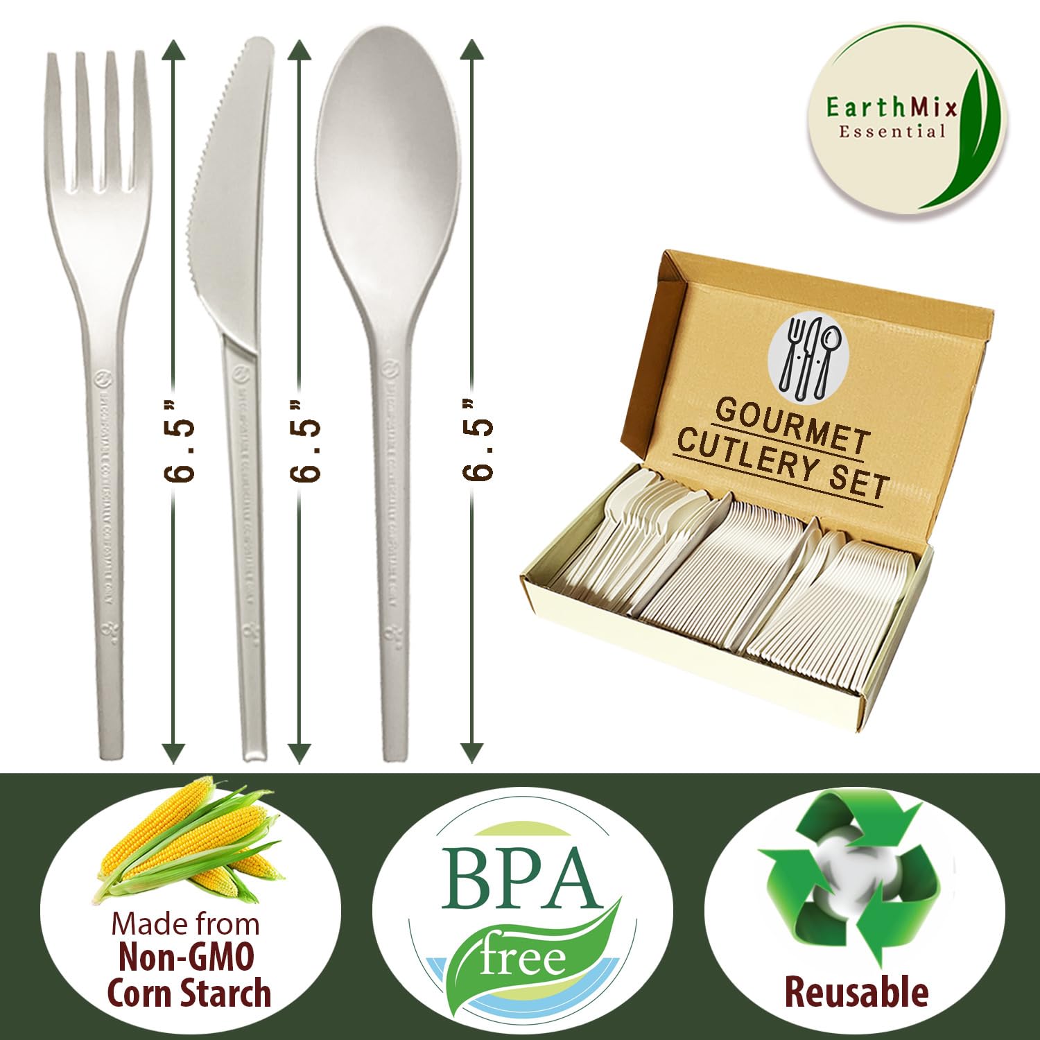 150PCS Compostable Cutlery Set – Eco-Friendly, Heavy-Duty Utensils (50 Forks, 50 Spoons, 50 Knives) – Biodegradable utensils set, Disposable Silverware for Parties, BBQs, Picnics & Daily Use