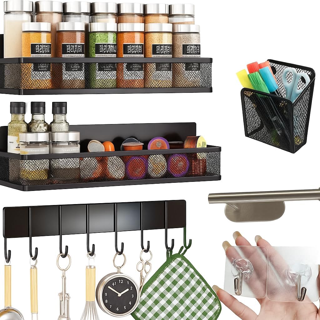 Magnetic Spice Rack for Refrigerator – 3 Tier Magnetic Shelves with Towel Bar, Hanging Hooks, Mesh Storage Baskets & Adhesive Hooks Kitchen Organizer for Spices, Utensils & Pantry