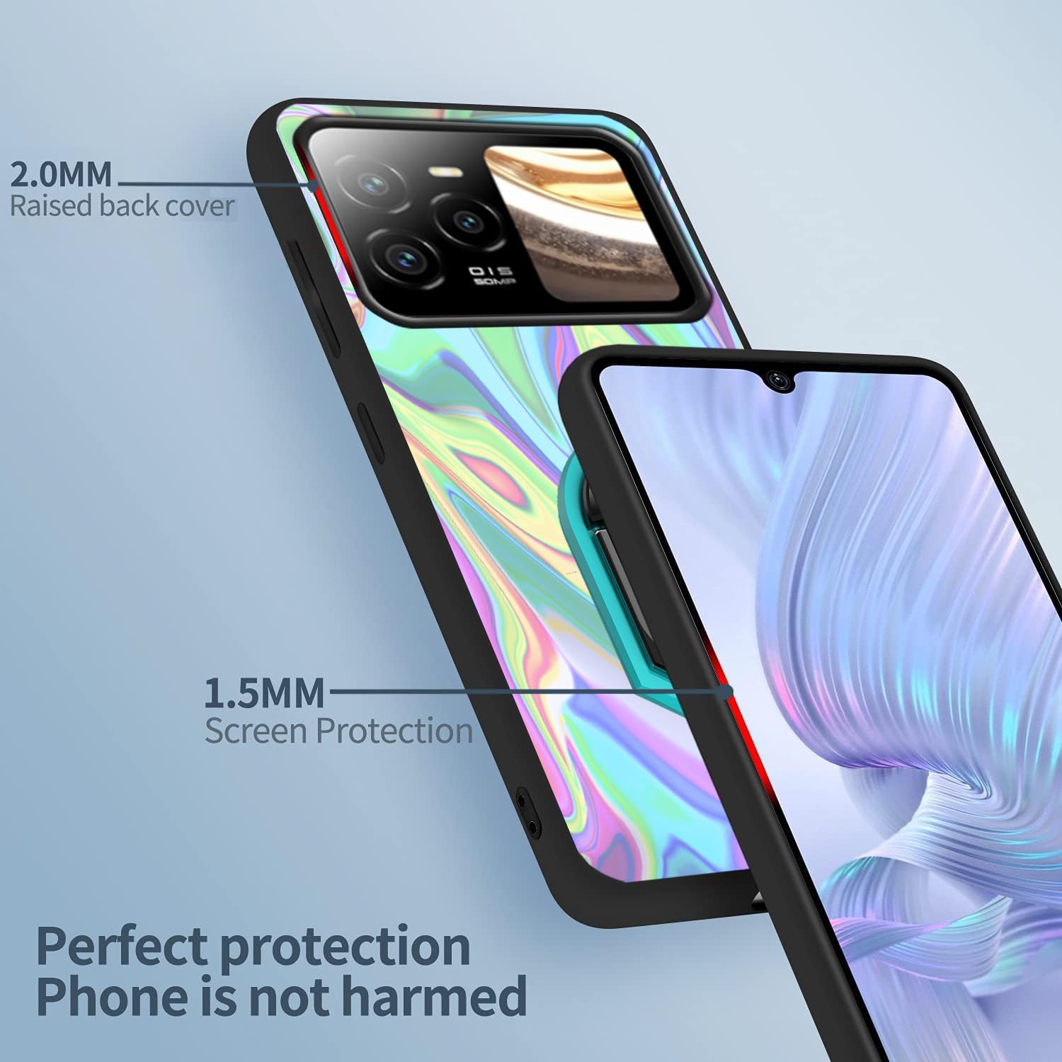 Soft Rubber Case for BLU Bold N4, Compatible for BLU Bold N4 TPU Cover with Built-in Metal Ring Grip Finger Holder Kickstand [Support Car Magnetic] Hands Free | Multi-Colored Art Wavy Printed image 5