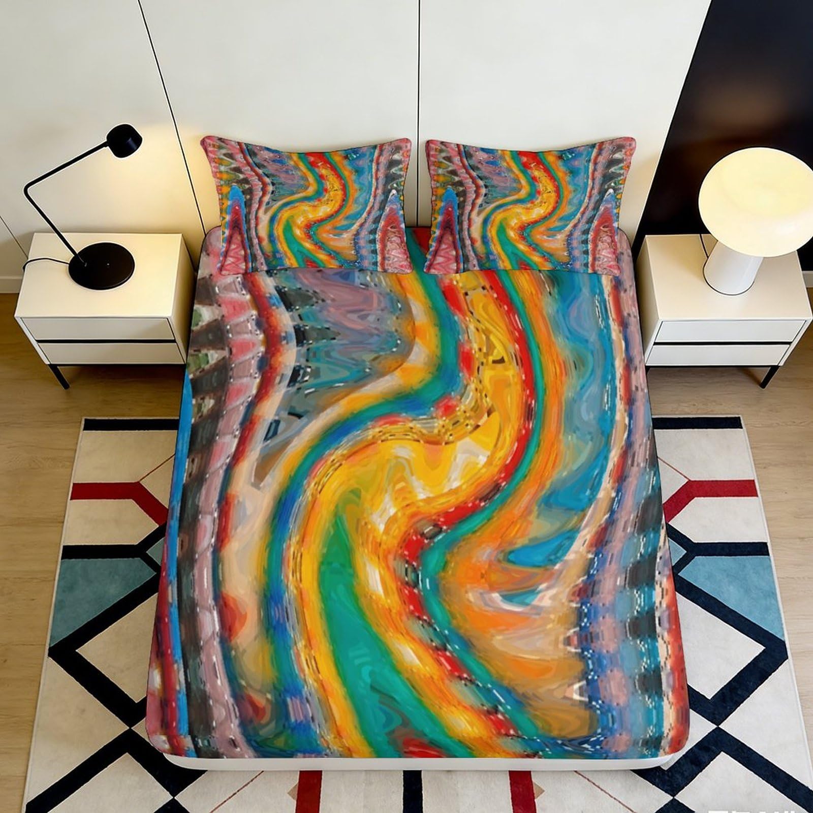 Pnayamiorkfel Style-7 3D Printed Abstract Colorful Wave Fitted Sheet Microfiber Soft Anti-Slip Bedroom Decor Artistic Mattress Cover Easy Care 90X200x25cm
