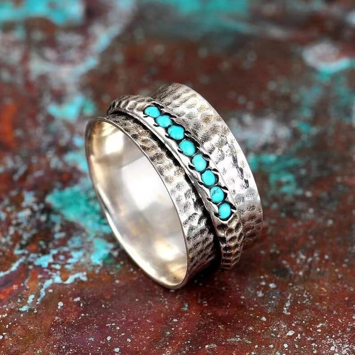 ASFKIPMF Sterling Silver Spinner Ring with Turquoise Stone - Victorian Style - Cocktail Party Ring - Women's Size 8 - 5g - 1.5cm x 1.5cm x 0.5cm