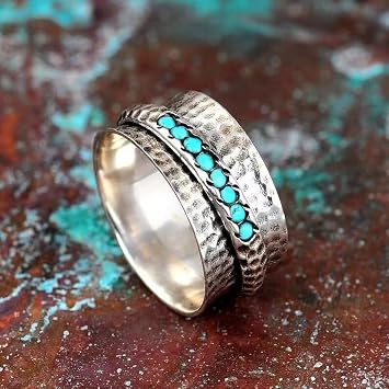 925 Sterling Silver Turn The Turquoise Ring Cut Natural Stone Rings Victorian Handmade Jewelry Turquoise Ring Cocktail Party Birthday for Women Turquoise Ring can be rotated 10
