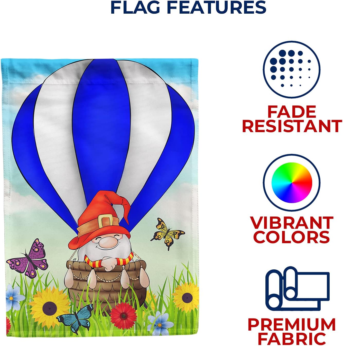 America Forever Gnome Summer House Flag - Hot Air Balloon Ride - Spring Holiday Seasonal Yard Outdoor Decorative Double Sided Flag - 28 x 40 Inch