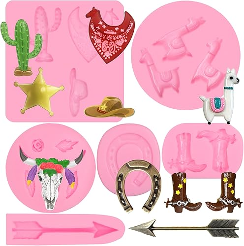 Molde de fondant de chocolate de cabeza de toro 6 piezas moldes de silicona de cactus flecha bota estrella de herradura molde para decoración de