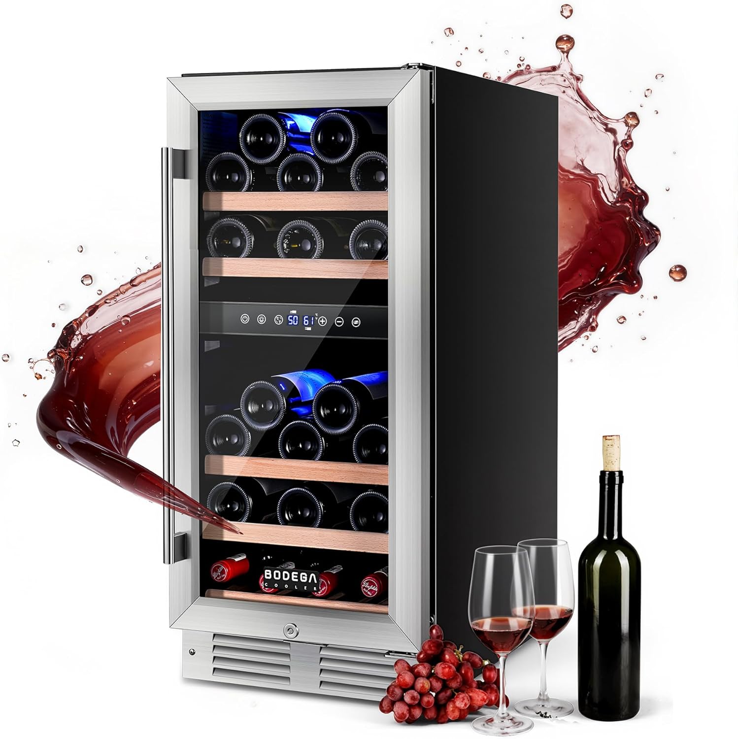 BODEGA COOLER 15 Inch Wine Fridge - 30 Bottles Dual Zone Wine Cooler, 41°F -72°F Wine Beverage Cooler Built-in or Freestanding, Adjustable Shelves & Bule LED Light, Perfect for Home/Kitchen(3.2 cu.ft)
