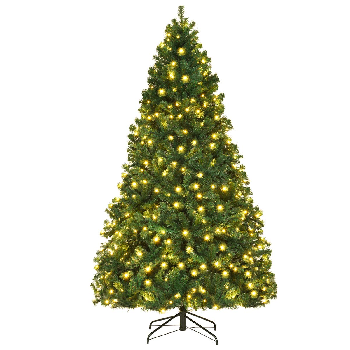 goplus 7.5ft pre-lit artificial christmas tree, hinged premium spruce xmas full tree with 1346 pvc tips, 400 led lights, folding metal stand, for home office party decoration