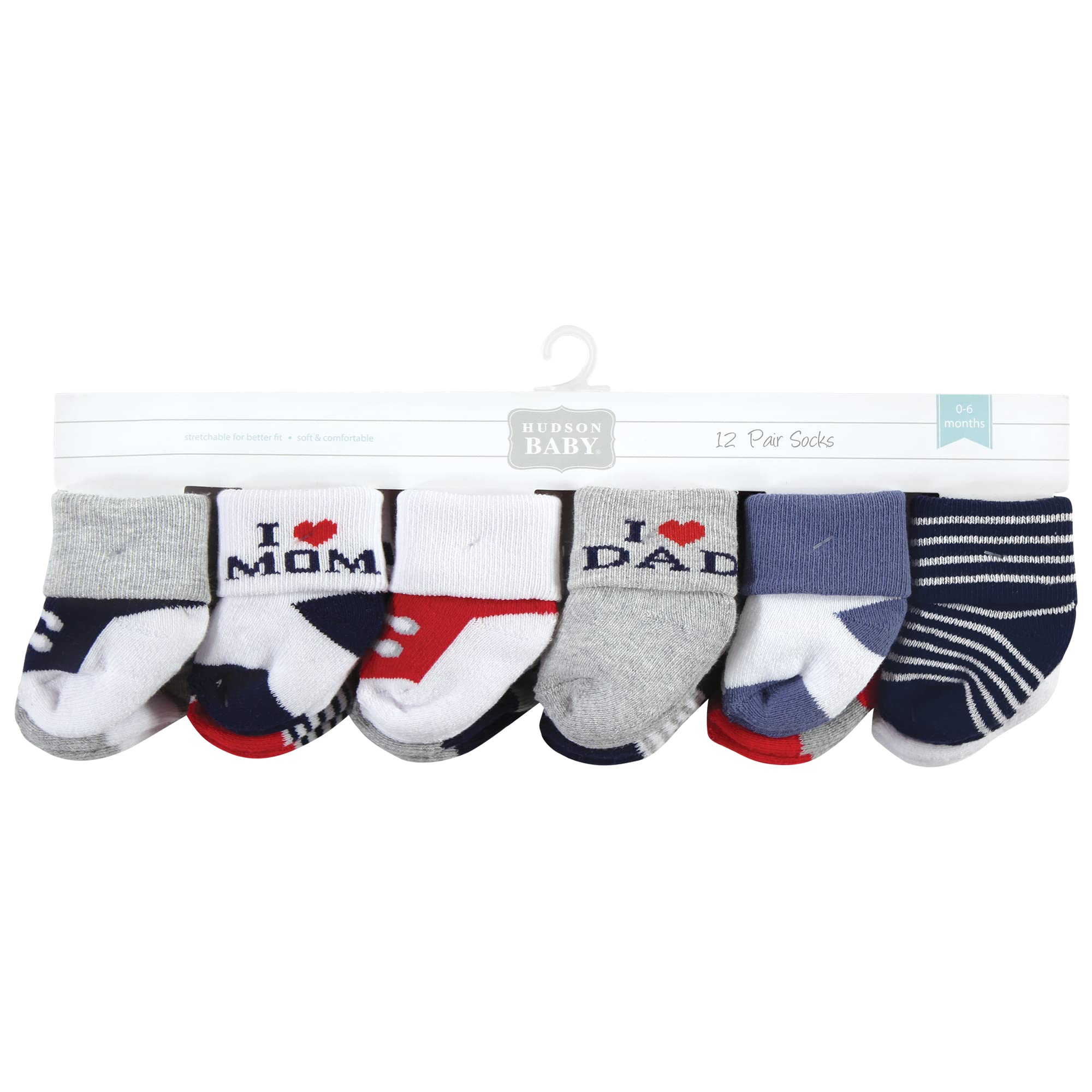 Hudson Baby Unisex Baby Cotton Rich Baby Terry Socks 24-Pack, Mom Dad Boy Navy Red, 0-6 Months