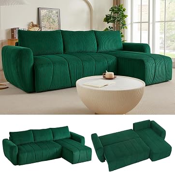 Sectional Sleeper Sofa with Pull Out Bed, Oversized Convertible Sofa with Reversible Chaise, Corduroy Cloud Couch with Storage Seat, Pull Out Couch Bed for Living Room Dark Green