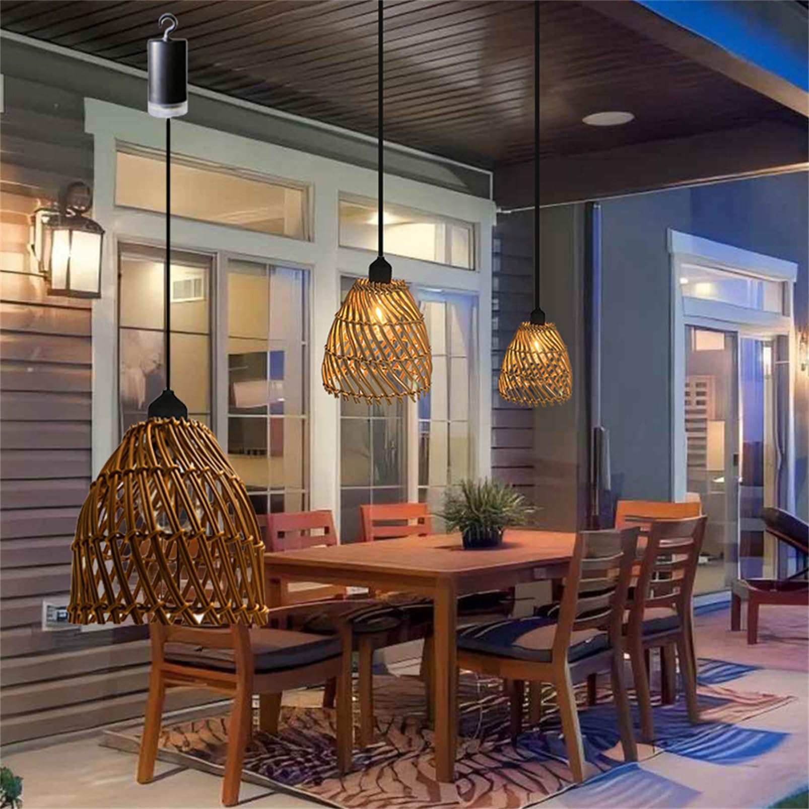 Lampadario a sospensione 'batteria', stile bohémien, per esterni, con telecomando, in rattan bohémien, per gazebo da giardino